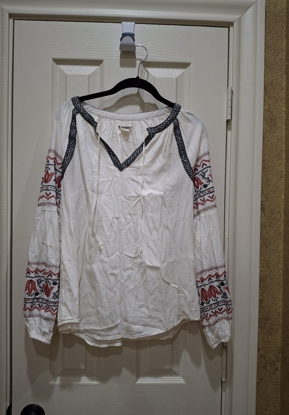 Ruff Hewn White Peasant Blouse with Grey Trim